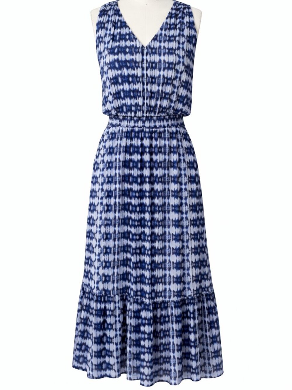 EVEREVE Ava V-Neck Sleeveless Smocked Mesh Midi Dress Blue Multi XS - Picture 2 of 10